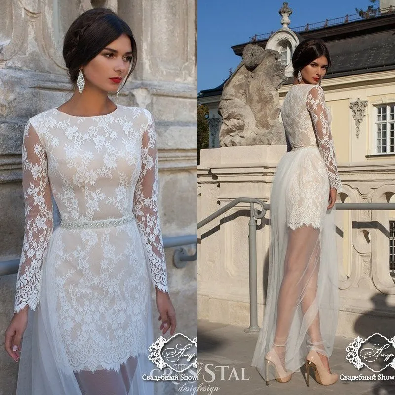 

2018 New Fashion Short Sheath Bridal Gown with Detachable Skirt Bateau Neck Long Sleeves Lace mother of the bride dresses