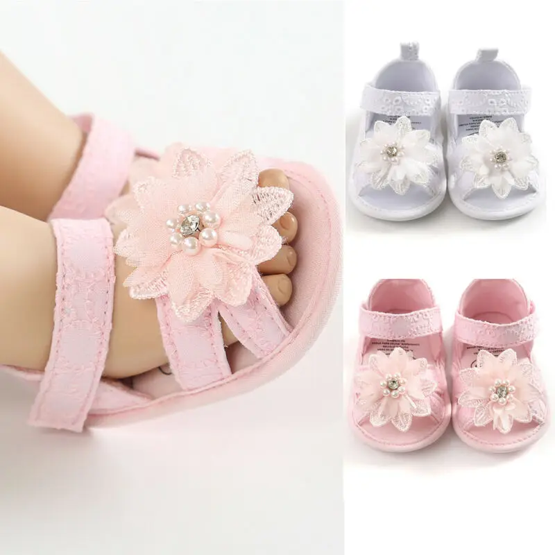 Sandalias de lazo para bebé niña, zapatos de tacón plano para niño pequeño, sandalias de perlas con flores para fiesta de verano y boda