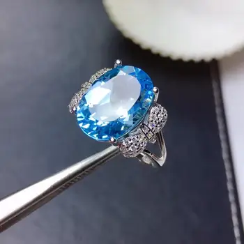 

Women Real 925 sterling silver with big oval natural Light blue Topaz stone ring party jewellery with certificate