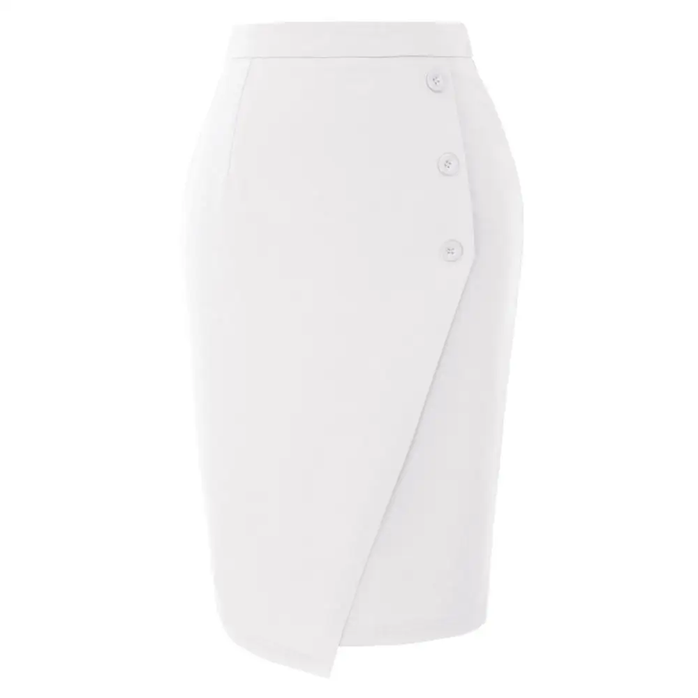 GK винтажные женские юбки с запахом, с высокой талией, с тремя пуговицами, декорированные сзади, с разрезом, офисное платье-карандаш, Женская рабочая одежда, деловая юбка - Цвет: White