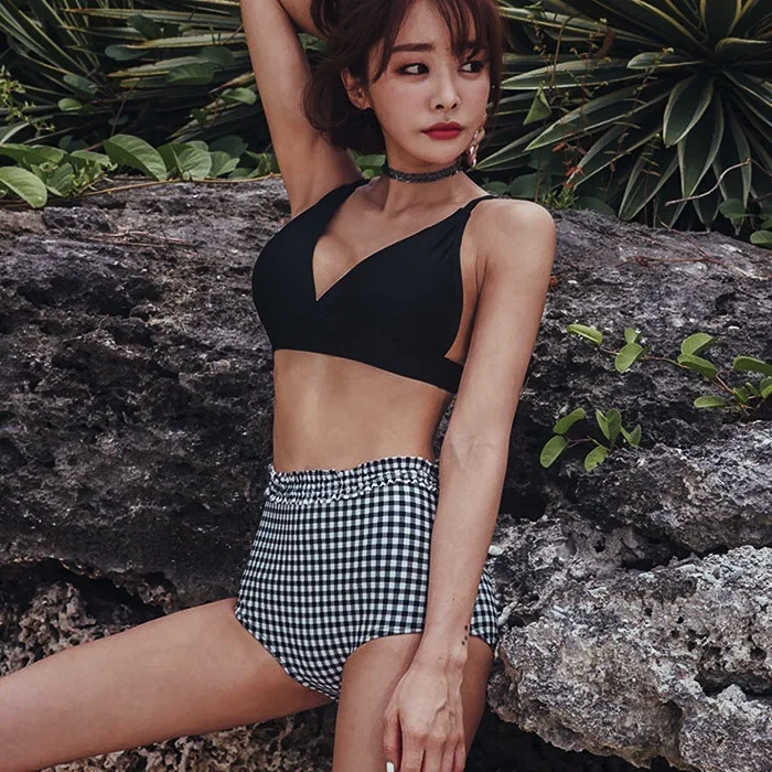 

Bikini Small Bust Gathering-Slimming Swimming I gao yao shi Retro Large Bust South Korea Two-piece Swimsuits Women's 1907