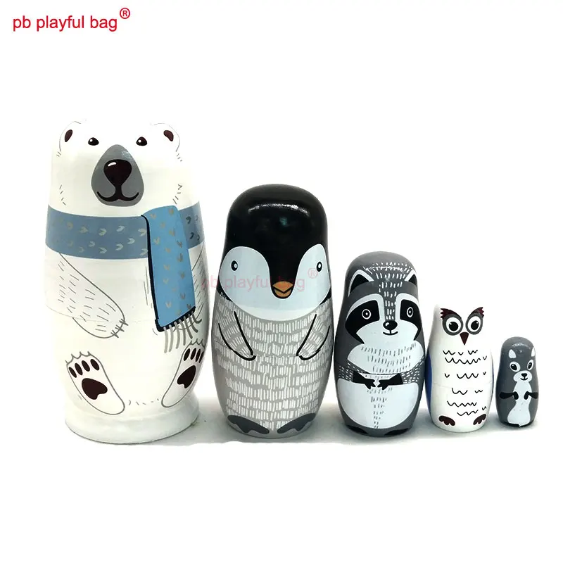 

PB Playful bag Five story white bear Russian dolls animal toy set Christmas birthday gift wooden DIY crafts decoration HG82