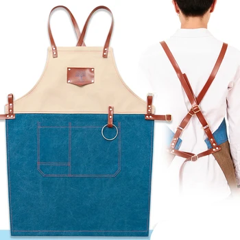

2019 Camvas Apron for Women Men Kitchen BBQ Cooking Leather Straps Unisex Restaurant Aprons Barber Bartender Work Bib LOGO