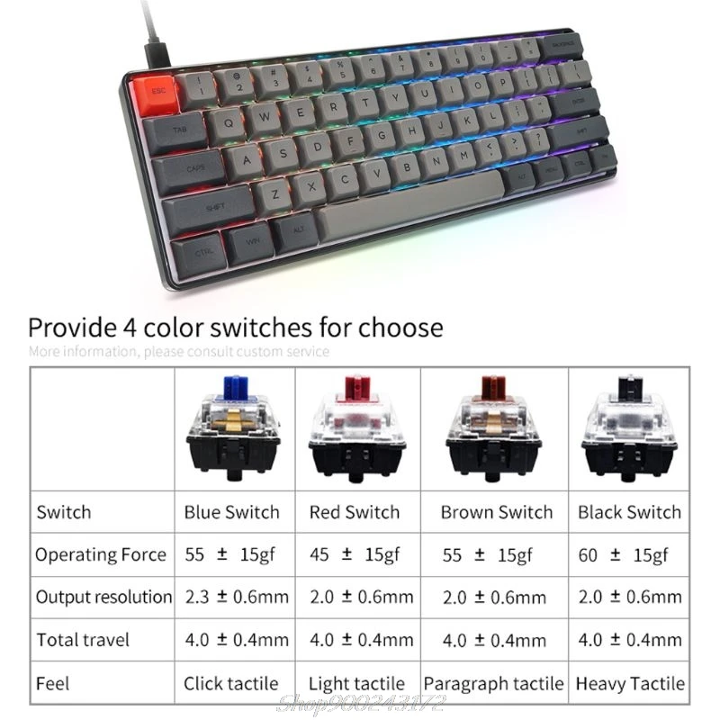 RGB LED Backlit Wired Mechanical Keyboard,Portable Compact Waterproof Mini Gaming Keyboard 61 PBT Keycaps Gateron Switcs Jy21 20