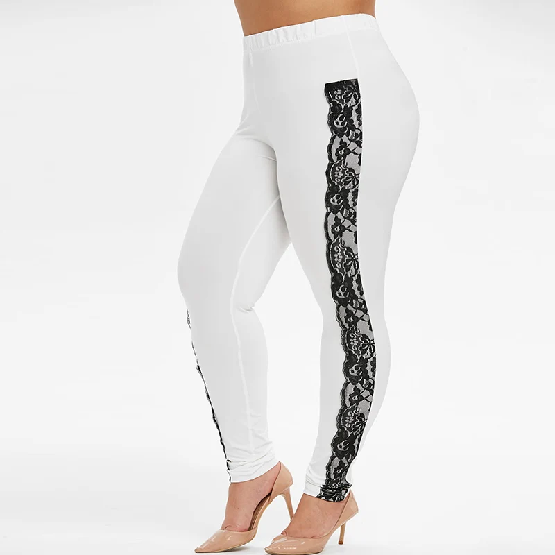 

ROSEGAL Large Size High Waist Trousers Contrast Lace Panel Leggings Elastic Skinny Fall Women Patchwork Fitness Sexy Leggings