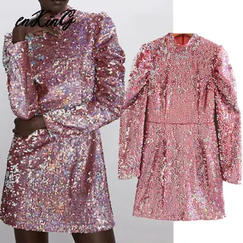 

2020 england vintage puff sleeve shine sequins sexy mini za dress women vestidos de fiesta de noche vestidos party dress tops
