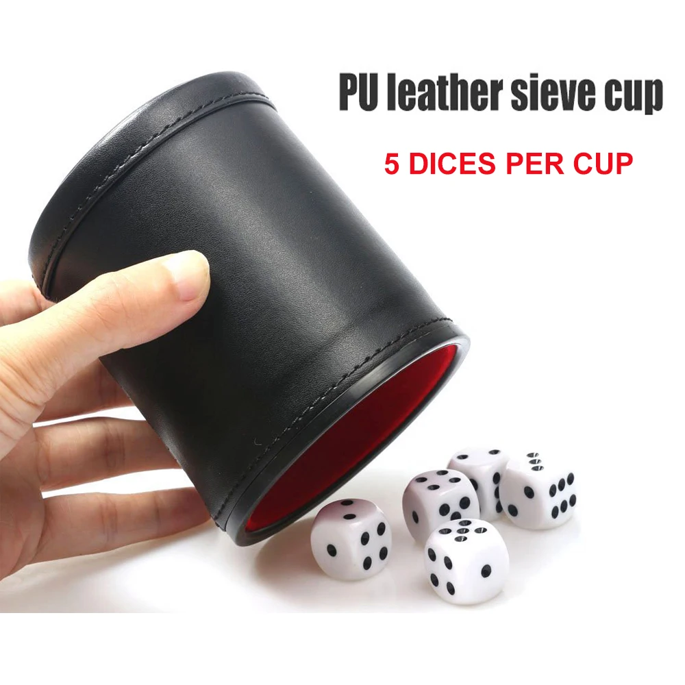 Felt Lined PU Leather Dice Cup Set with 5 Dot Dices Quiet Shaker Bar