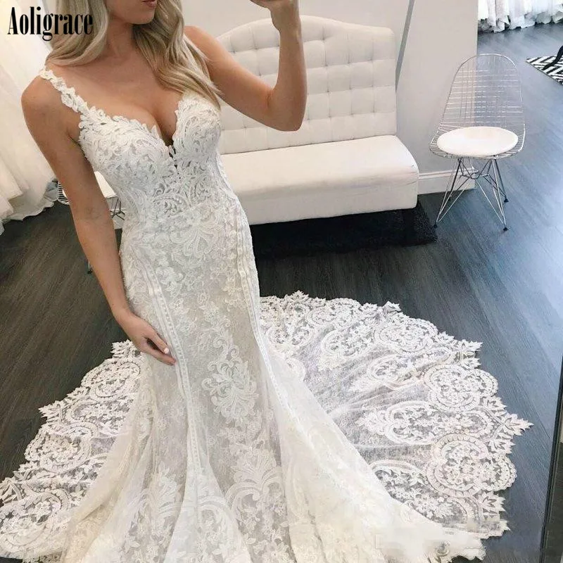 

Luxury Lace Mermaid Wedding Dresses Deep V-Neck Backless Appliques Sweep Train Country Style Bridal Gowns Chic Vestidoe De Noiva