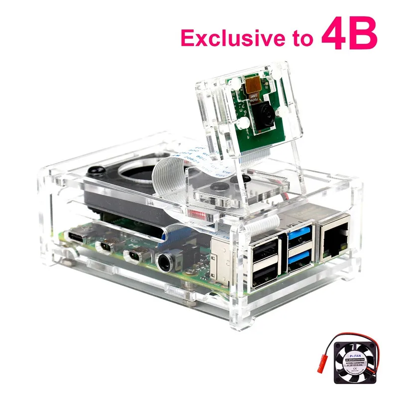 Прозрачный Защитный чехол Raspberry Pi вентилятор 2A вентиляторы охлаждения 5V протектор стартер радиатора Вентилятор охлаждения для Raspberry Pi 4 модели - Комплект: Case Camera Bracket
