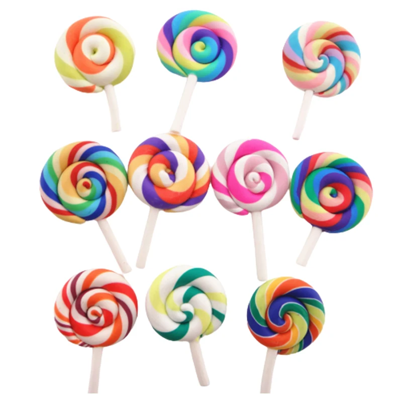 10pcs/lot 28*42MM Kawaii Soft Clay Rainbow Lollipop Cabochons Handmade Resin Material DIY Hair Bow Decorative