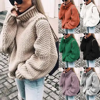 

Winter Sweater Women Thick Solid Color Turtle Neck Sweater Lantern sleeve Sweater Pullovers Womens Sweaters Pullover Top