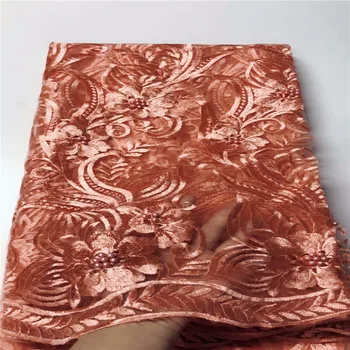 

Peach African Lace Fabric Embroidery 2020 Nigerian Guipure Lace Fabric Wedding High-quality beads French Tulle Net Lace Fabric