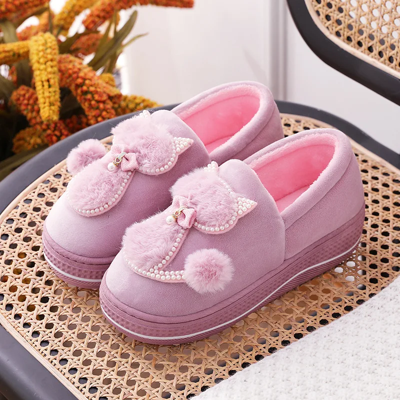 Pearl Winter Felt Slippers Women Indoor Home Shoes Warm Soft Platform Shoes Furry Slides Cotton Home Shoes Floor Slipper Snow