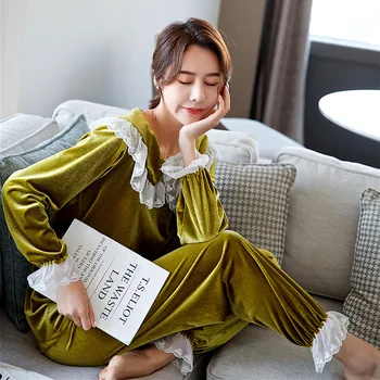 

Armin Arlat Winter Pajama Women Lingerie Casual Pijama Solid Lace Sleepwear Warm Gold Velvet Pyjamas Fashion Sleep Set 2pcs