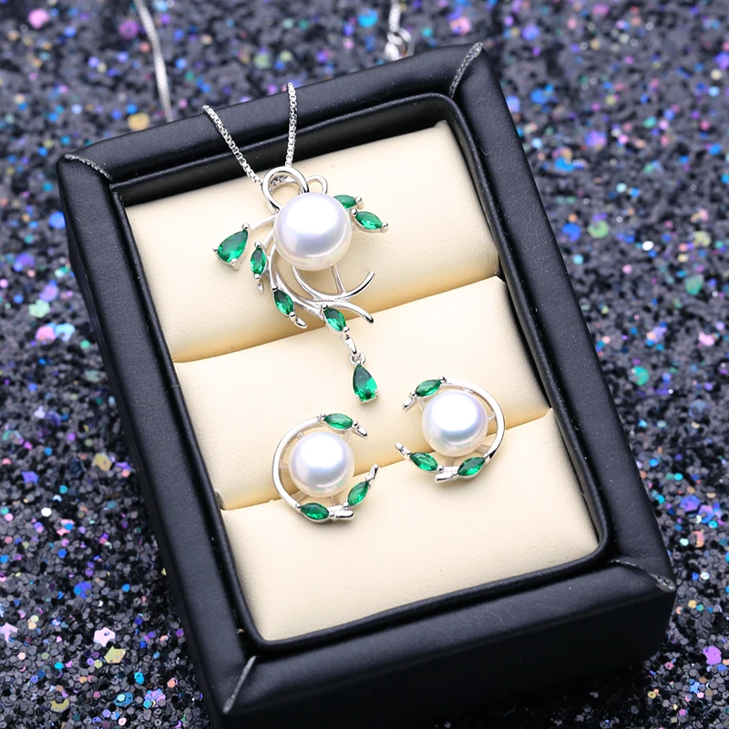 FENASY 925 серебро изумруд комплект ювелирного изделия с натуральным камнем жемчужные трендовые серьги-гвоздики кулон ожерелье для женщин зеленое кольцо с камнями