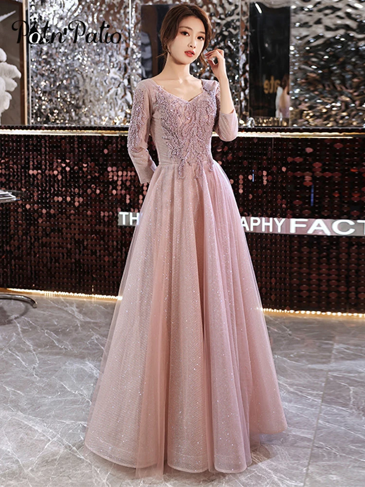 Pink V Neckline Dress with Long Sleeves: The Perfect Choice for  Sophisticated Evenings