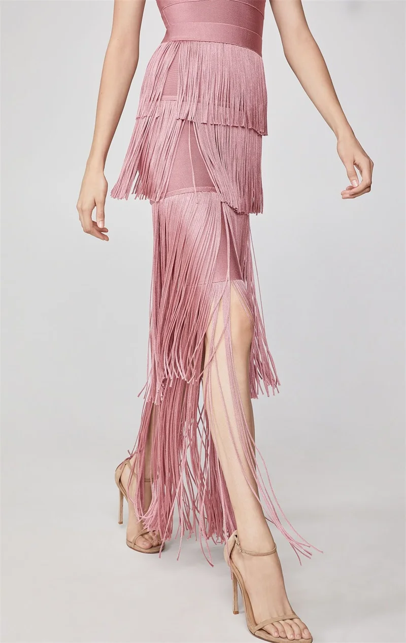 Подиумные вечерние платья знаменитостей с Бахромой Сексуальное Женское облегающее обвязанное платье без рукавов с v-образным вырезом Макси длинное платье Vestidos Клубное розовое
