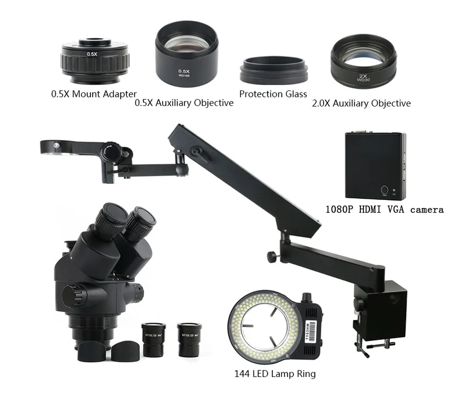 Adjustable Direction Articulating Arm Pillar Clamp 3.5X-90X Zoom Simul Focal Trinocular Microscope1080P HD HDMI VGA Video Camera