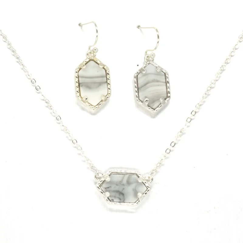 D white flat Druzy Drusy ожерелье серьги ювелирный набор смолы кристалл серьги с камнем серебряный бренд шестиугольник Висячие серьги для женщин вечерние - Окраска металла: D white flat