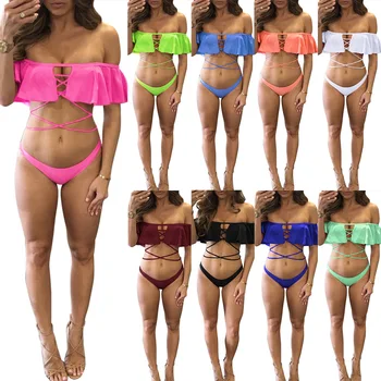 

Neon Green red Underwire Bikini Ruffles beachwear Female Swimsuit sets Women Swimwear Two-piece Bikini set Bather Bathing Suit