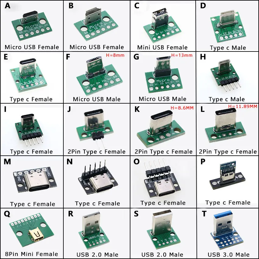 1Pcs Data Charging Cable Jack Test Board with Pin Header 90 Degree Micro Mini USB Type C 2Pin USB 3.0 2.0 Female Male connector