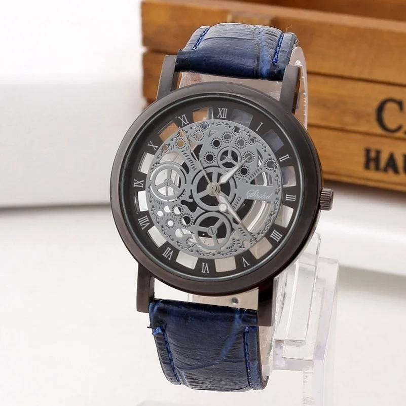 Модные деловые часы с скелетом для мужчин гравировкой полые Reloj Hombre кварцевые