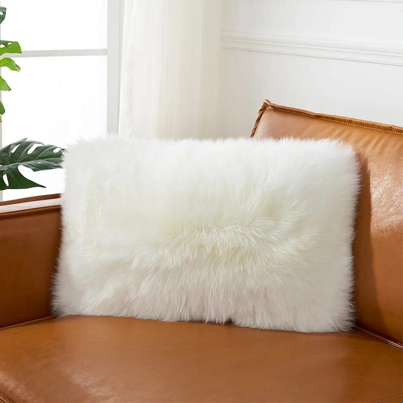 Натуральная бежевая белая овчина меховая подушка для спины односторонняя меховая декоративная подушка из овечьей шерсти