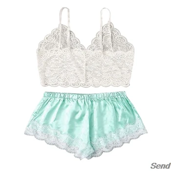 

Women Sexy Lingerie Solid Color Sheer Lace Chemise Deep V Neck Sleepwear Set T4MD