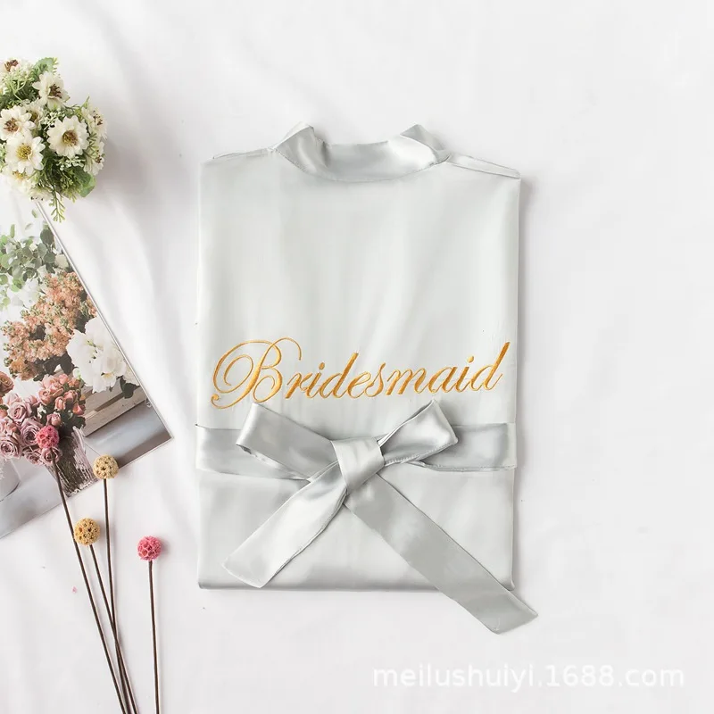 gray Bridesmaid Bridesmaid Robes Satin Robe Bride Elegant Sleepwear Sexy Rayon Women Dressing Gown Bathrobe Kimono Silk Bath Robe Sleep Lounge - Цвет: gray Bridesmaid