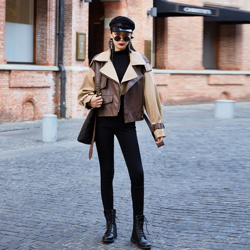 Хаки DBYCOOL Pu Leather Jacket Women New Short Motorcycle Jacket Loose High Waist Color Block Fashion Biker Coat Female 45413215 - Цвет: Хаки