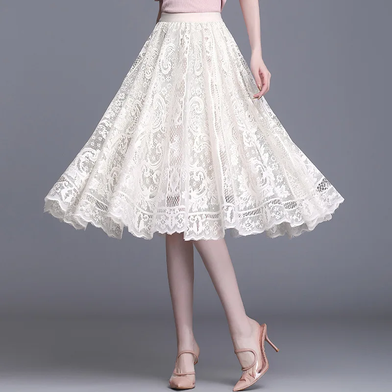 Women's Elastic High Waist Thin Lace Skirt, Hollow Mesh Skirt, Women Skirts, Summer, New, 2023