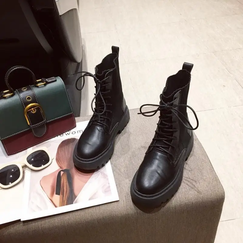 Round Toe Winter Boots Lady Lace Up Ankle Booties Women Chunky Heel Low Heels booties Rock Shoes Woman Boots-women Short
