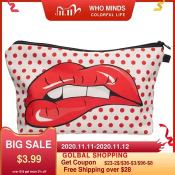 

Pink Dot Lips Women Cosmetic Bag Zipper Neceser Portable Makeup Bag Organizer Case 3D Prints Bolsa feminina Travel Toiletry Bag