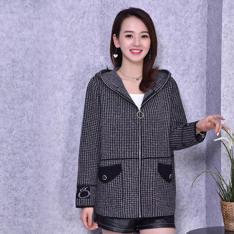 

Middle-aged WOMEN'S Sweater Knitted Coat Tops Thousands of Birds Western Style Loose-Fit Middle-aged Women Dress Hooded Knitted