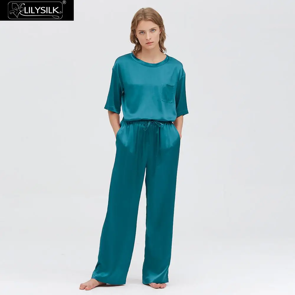 Dark Teal LilySilk шелковые пижамы набор 22 Momme с круглым вырезом новые женские - Цвет: Dark Teal