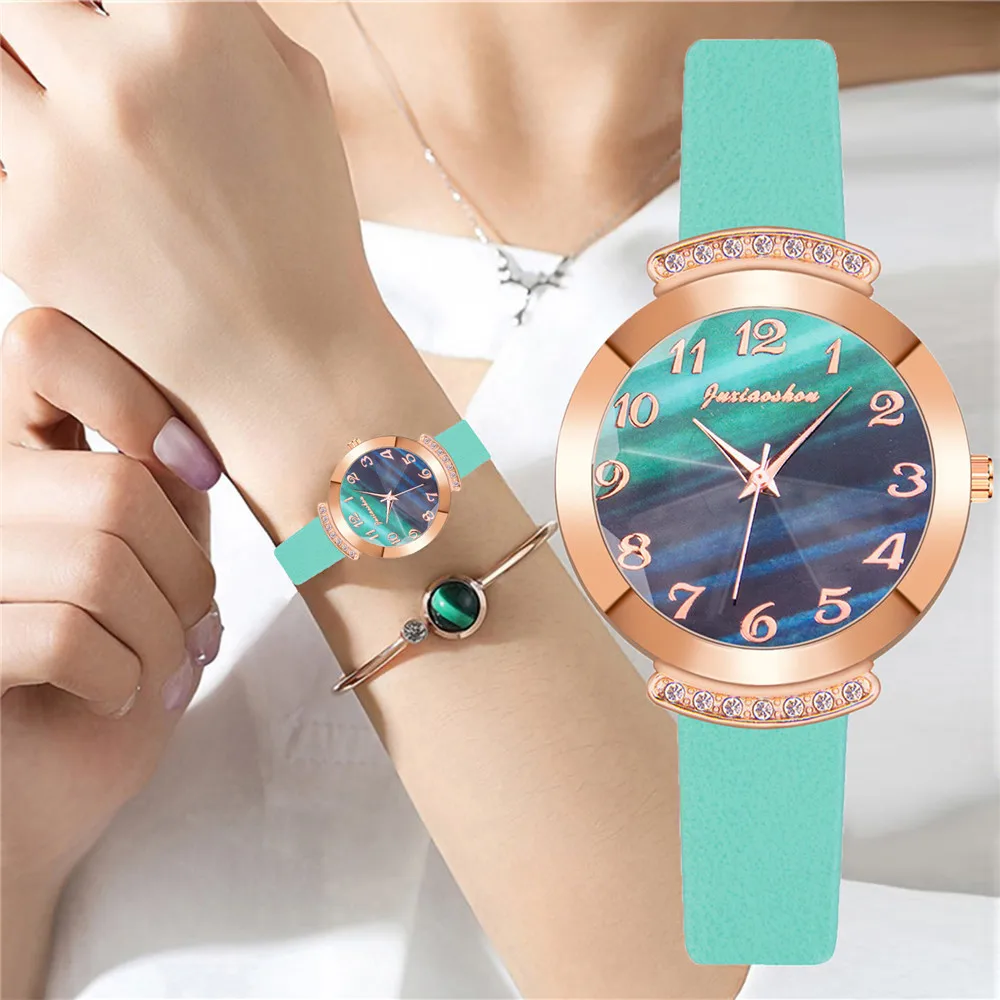 Women Arabic Numbers Watches Fashion Ladies Quartz Watch Bracelet Set Green Dial Simple Leather Luxury | Наручные часы