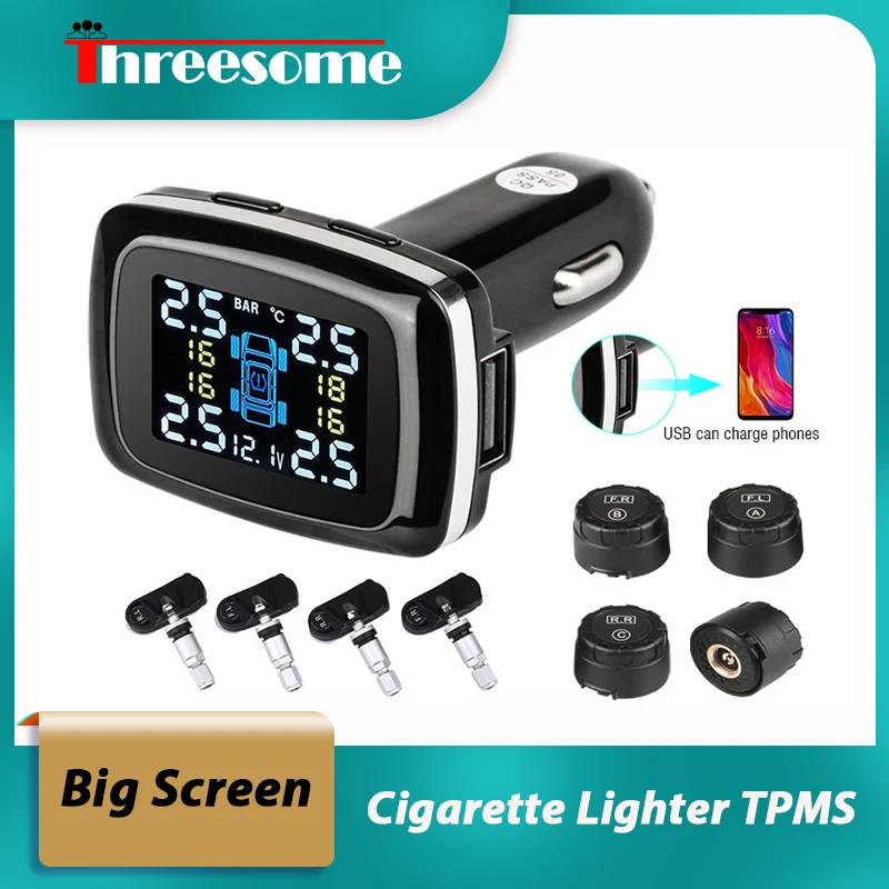 

Cigarette Lighter TPMS LED Display USB Port Automobile Tire Pressure High Sensitivity Alarm System External/ Internal Sensors