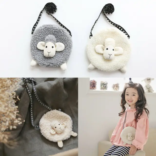 pudcoco Fluffy Cotton Sheep Fur Pompoms Head Bag Baby Girls Cartoon Sheep Sling Bag Fluffy Bunny Shoulder Women Plush backpack 3