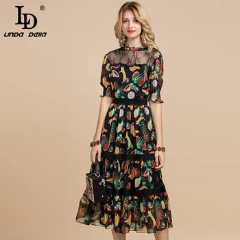 

LD LINDA DELLA Fashion Designer Summer Dress Women's Elegant Lace Patchwork Fruit Print Chiffon Holiday Vintage A line Dress