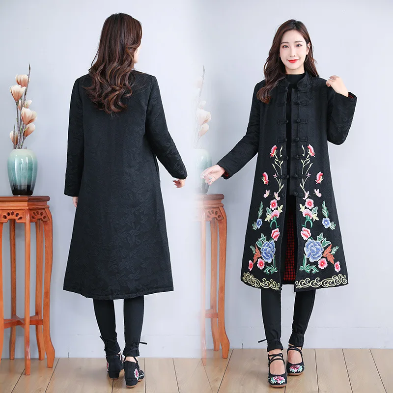 

2019 Winter New Style WOMEN'S Dress Cotton Linen Stand Collar Frog Ethnic-Style Jacquard Industrial Embroidery Long Cotton Overc