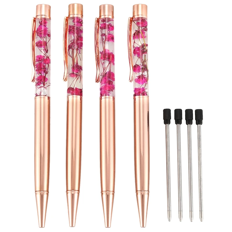 Dry Flower Ballpoint Pen, Dynamic Liquid Flower Pen, Metal Ballpoint Pen, Black Ink Refill Ballpoint Pen Writing Stationery Scho