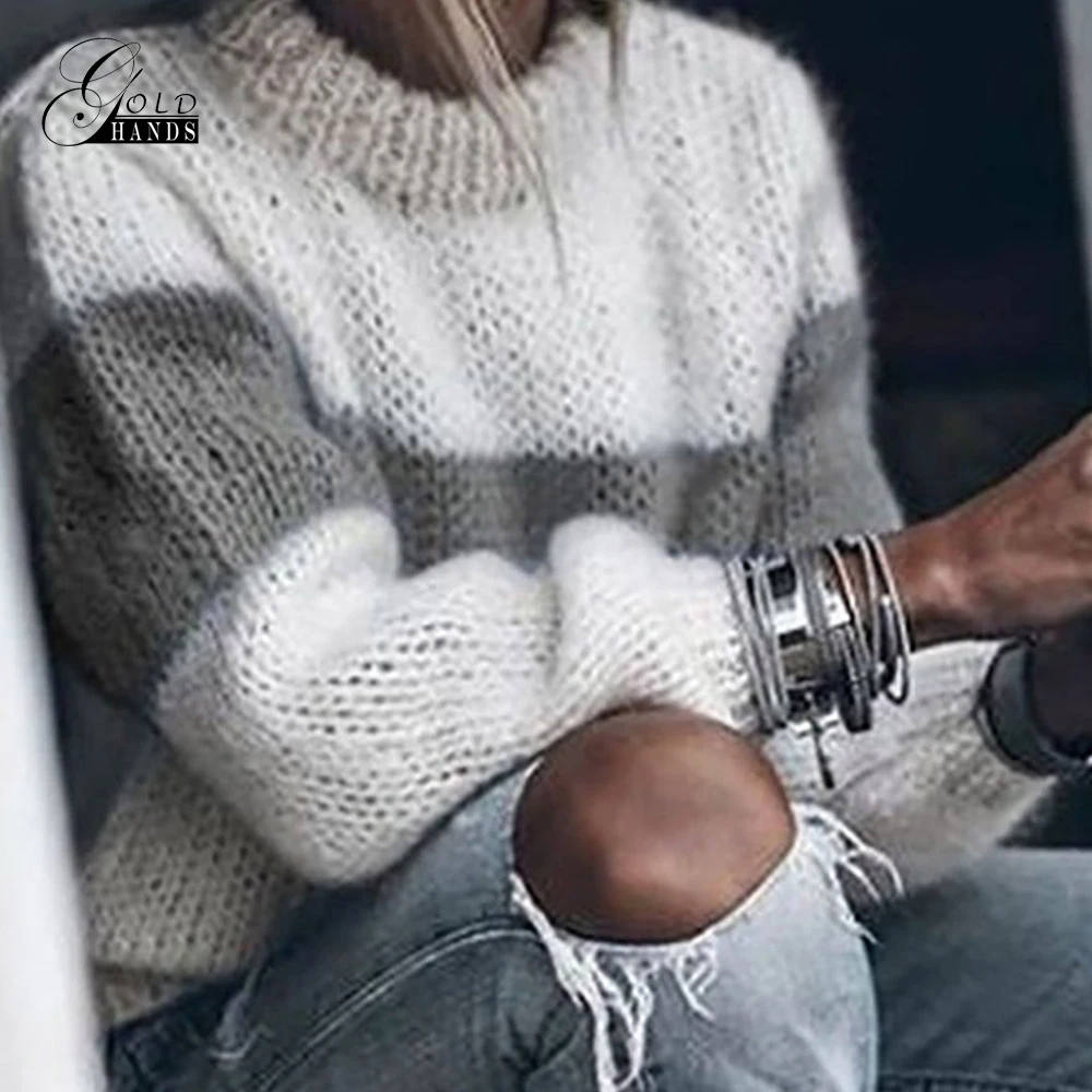 Золотые руки осень зима модная теплая одежда женский свободный вязаный свитер с длинным рукавом О-образным вырезом лоскутный пуловер Свитера