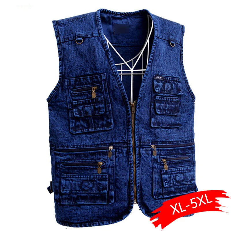 

Men's Vest Outerwear Denim Waistcoat Deep Blue Color Plus Size Sleeveless Jacket Multi-pocket Size XL To 5XL Large