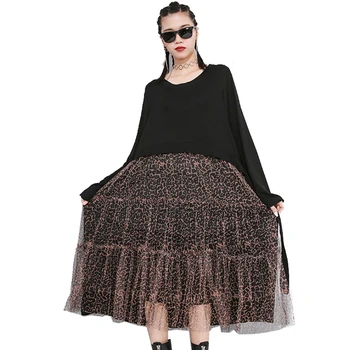 

QUNG MO Spring Women Loose Dress 2020 Fashion Women Leopard Patchwork Dress Female Fake Two Pieces Set ZQY2749
