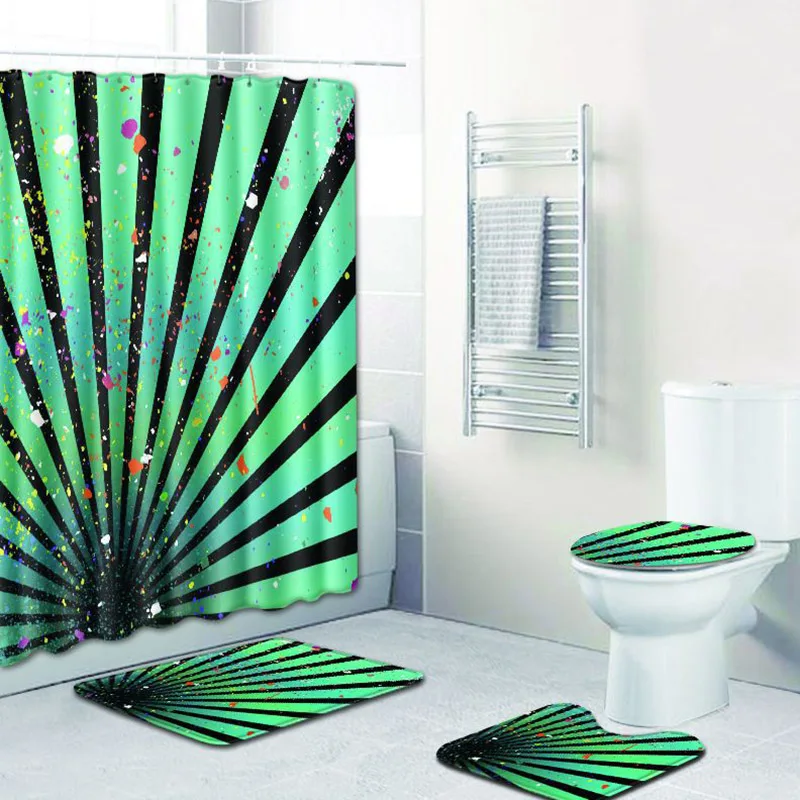 

Colorful Stripe Pattern Shower Curtain Waterproof Polyester Modern Contour Rug Toilet Lid Cover Non-Slip Floor Mat Home Decor