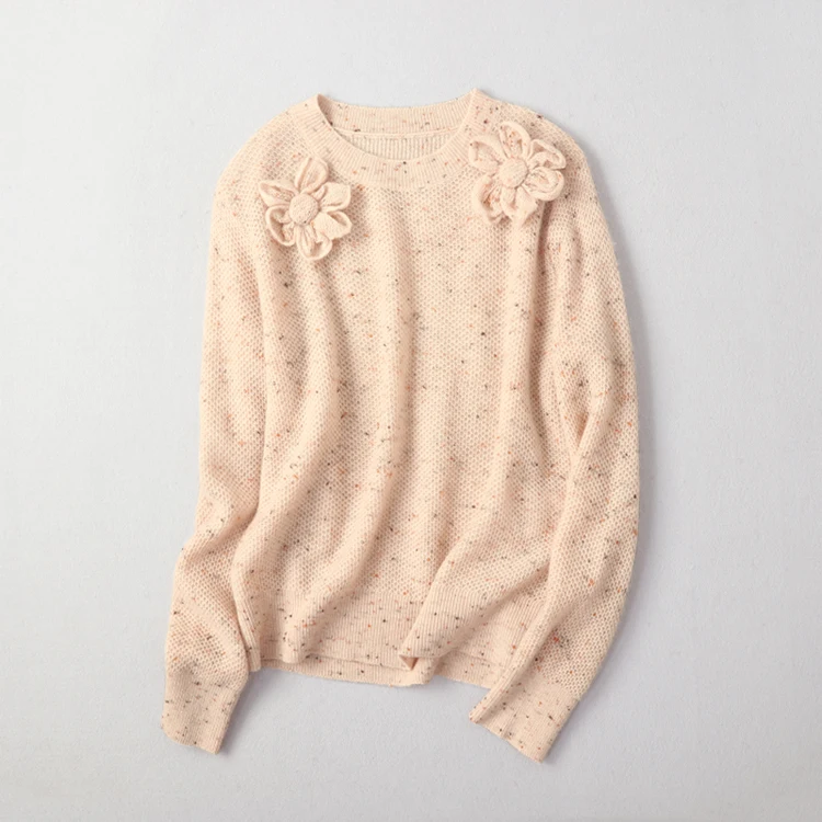 Aliaga, Новинка осени, чистый кашемировый свитер, женский роскошный вязаный свитер с цветами, женский модный Зимний Розовый пуловер - Цвет: Beige