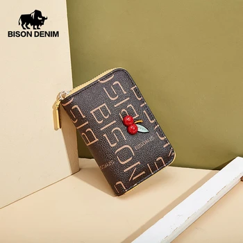 

BISON DENIM Women Short Wallet Small Leather Cherry Decoration Coin Purse Card Holder Lady Girl Fashion Mini Wallets Bag B9517