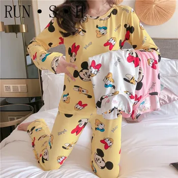 

Cartoon Mickey Long Sleeve Cloth Bag Pajamas Female Spring and Fall Polyester Texture Shredded Milk Three-piece Suit Pajamas