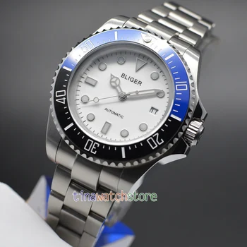 

Bliger 44mm white dial Ceramic Bezel Mechanical Watch Luminous Marks Automatic Movement Men's Watch