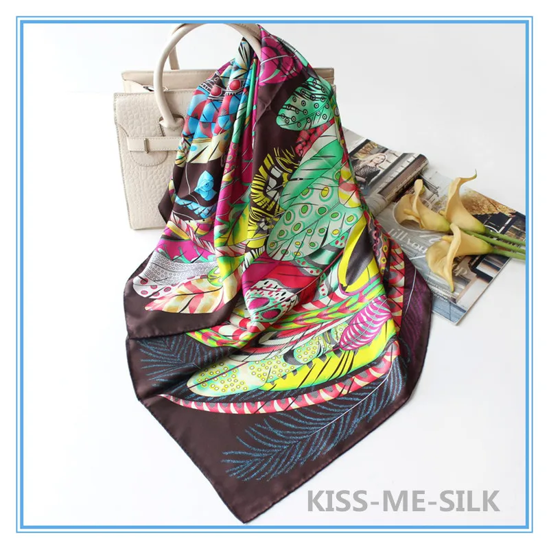 

KMS Colorful feather shade shawl twill silk big square scarf mulberry-silk scarf shawl 90*90CM/50G